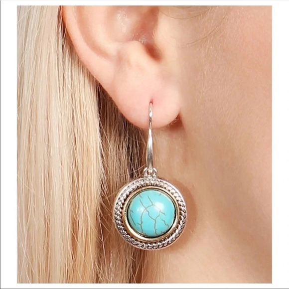Boho Western Turquoise Drop Earrings | Silver Rope Accent Dangle Jewelry - Picture 2 of 2